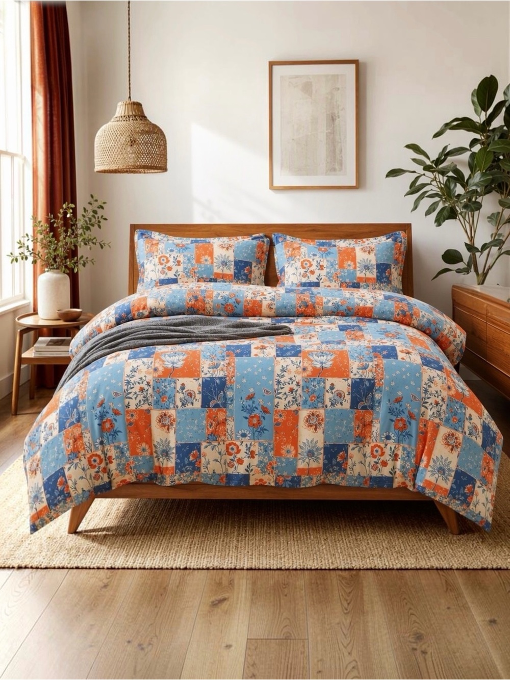 NEW Anthropologie Blue & Orange Boho Floral Patchwork Duvet Bedding & Sham Set